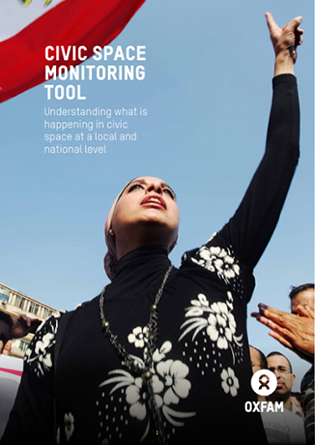 Civic Space Monitoring Tool report cover image individual hand held up